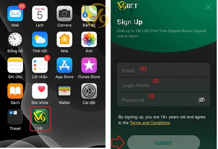Mở app và đăng nhập V9Bet