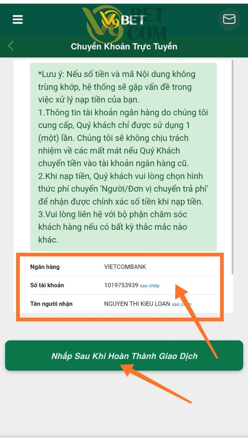 Hình 11 - Số thông tin tài khoản V9Bet 