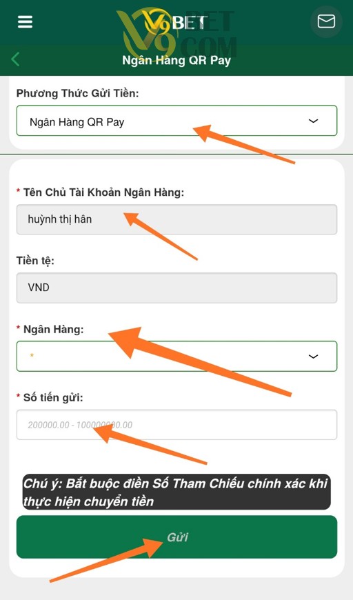 Hình 12 - Điền thông tin như bảng hướng dẫn để nạp tiền V9Bet
