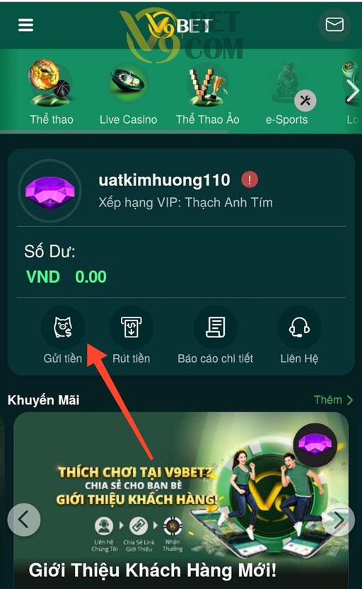 Click chọn gửi tiền để tiến hành nạp V9Bet