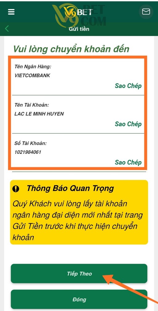 Thông tin chuyển khoản nhà cái V9Bet