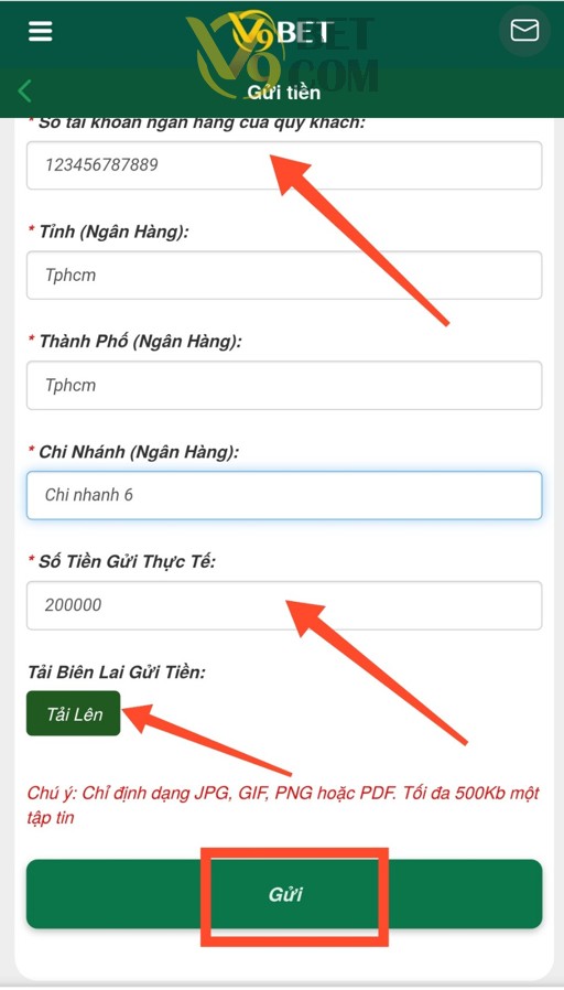 Tải biên lai nạp tiền lên để nhà cái check thanh toán