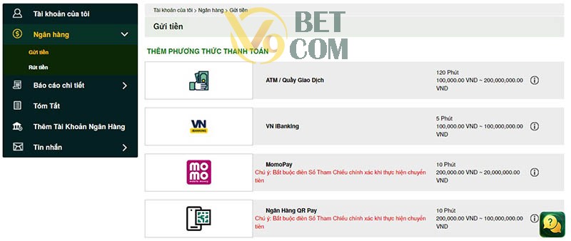 Thủ tục nạp tiền V9bet đơn giản